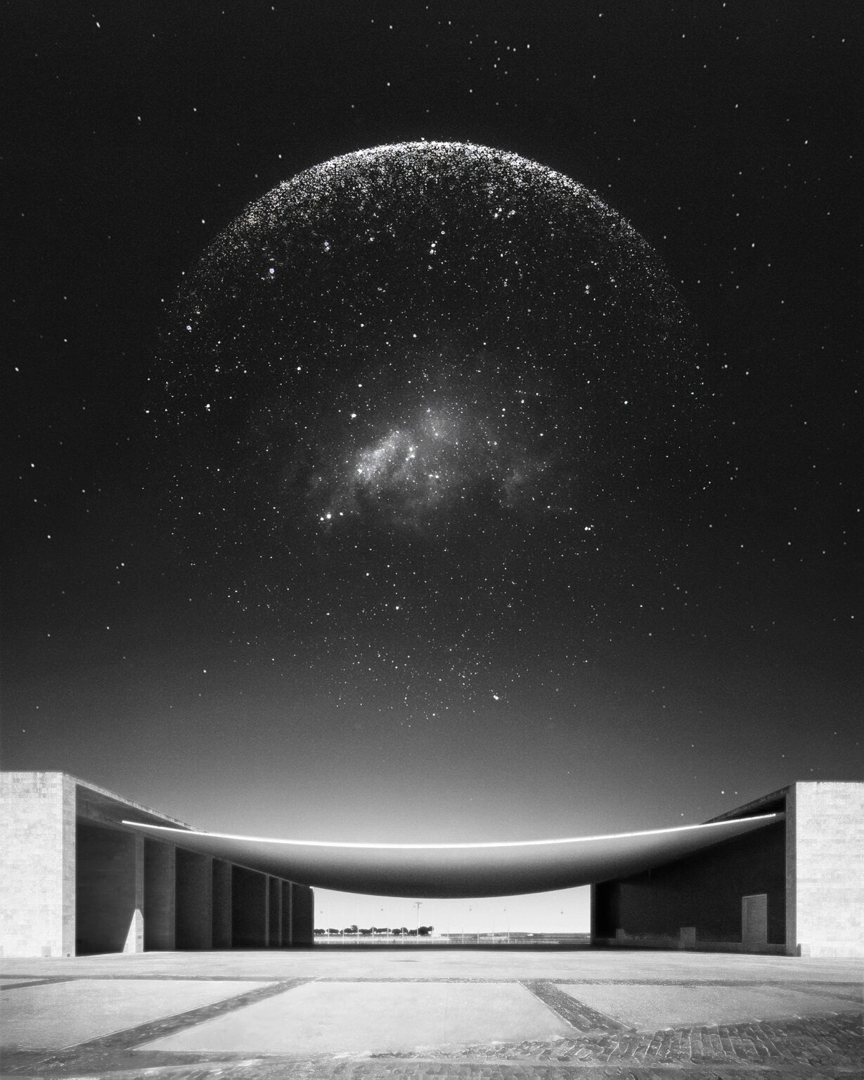 The Pavilhão de Portugal by Álvaro Siza Vieira with a luminous sphere of light points resembling a celestial atlas hovering above the building’s curved canopy.