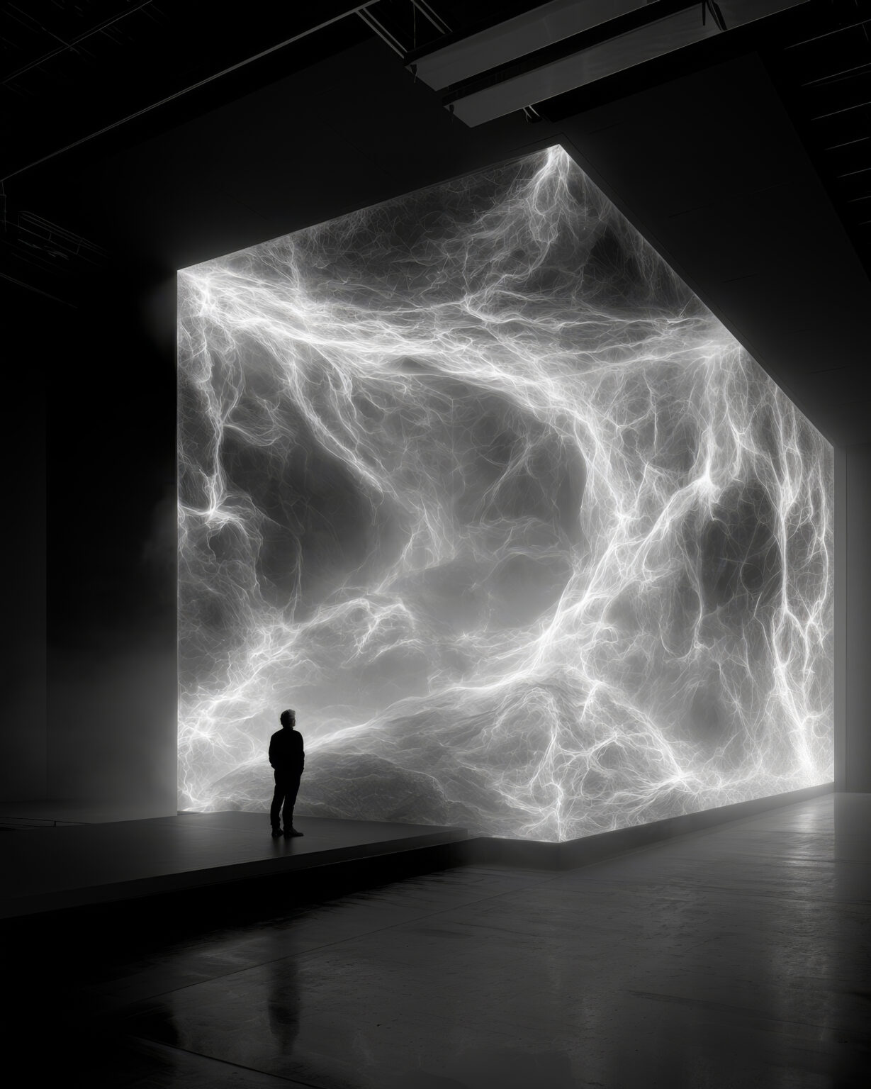 Anonymous human silhouette standing before a vast luminous installation of intertwined light filaments evoking neural networks, contained within a dark gallery-like space.