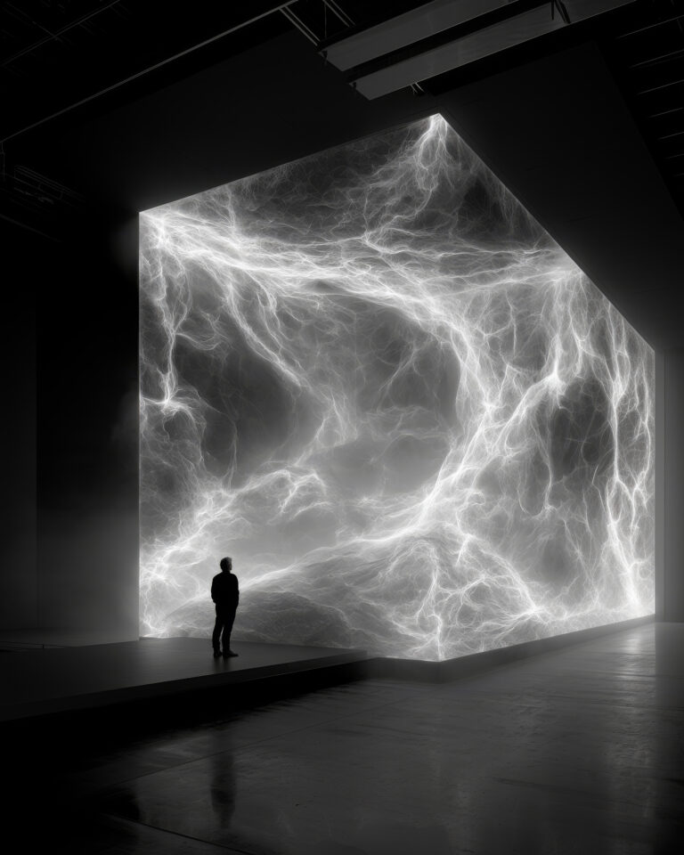 Anonymous human silhouette standing before a vast luminous installation of intertwined light filaments evoking neural networks, contained within a dark gallery-like space.