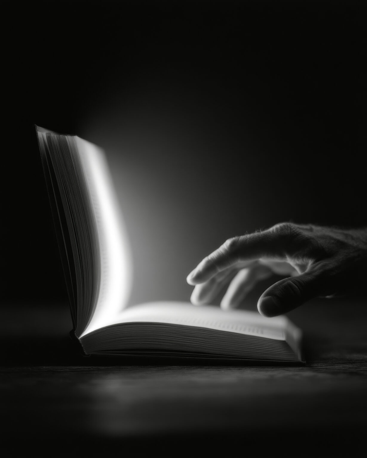 A hardcover book open at the midpoint on a dark desk, positioned like a laptop with upright pages emitting a soft white glow, while a human hand reaches toward the flat pages as if about to type.