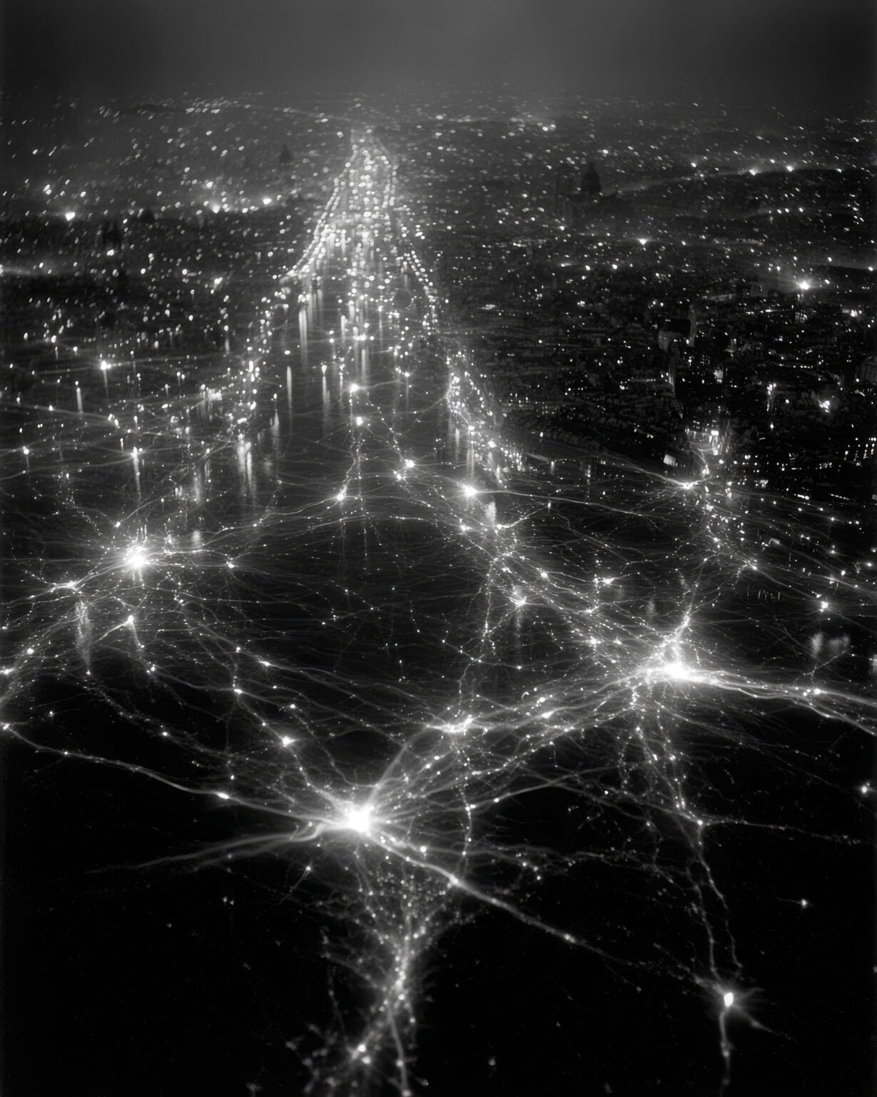 Aerial black and white photograph of a city at night where illuminated streets and intersections merge with luminous synaptic connections and neural network nodes, suggesting a regulated system of data flow.